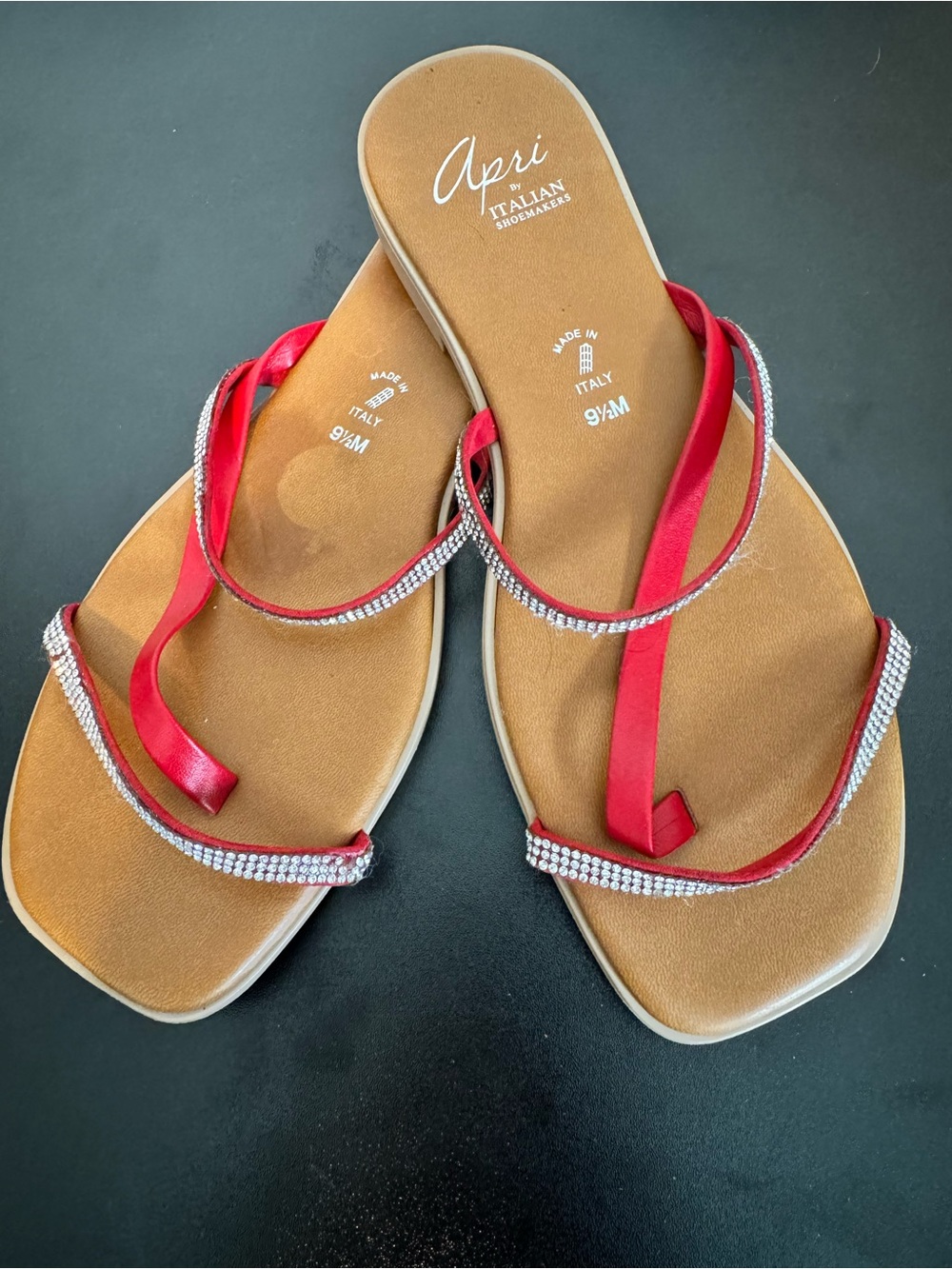 Apri Italian Red Satin Rhinestone Toe-Loop Sandals